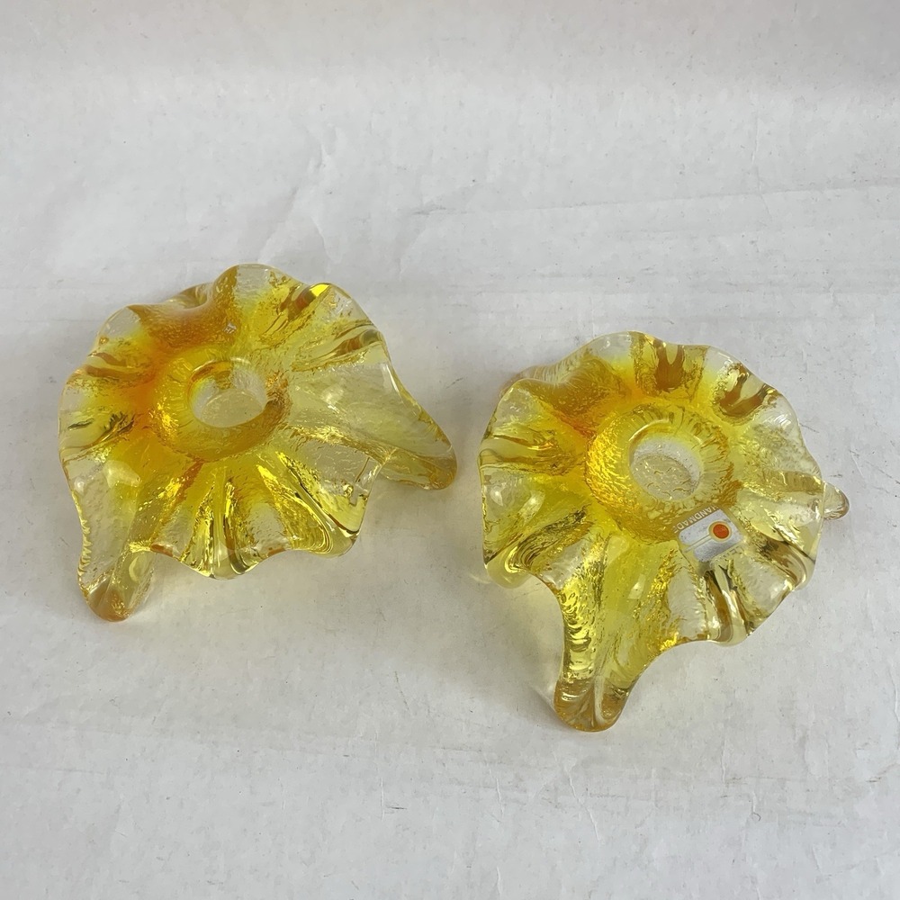 Vintage BLENKO Glass Yellow Candlestick Holder Rare Color Atomic Ice Art Glass - Picture 2 of 16